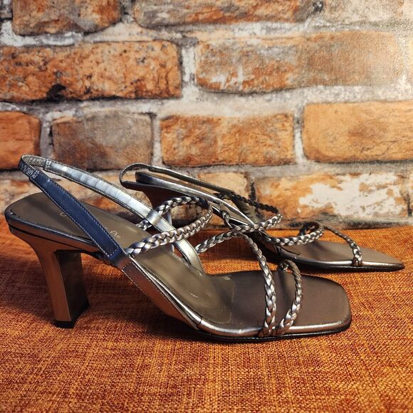 Unisa Women's Shoes Sandals Pewter Braided Strappy Heel Size 6 Metal Vintage - Picture 4 of 12